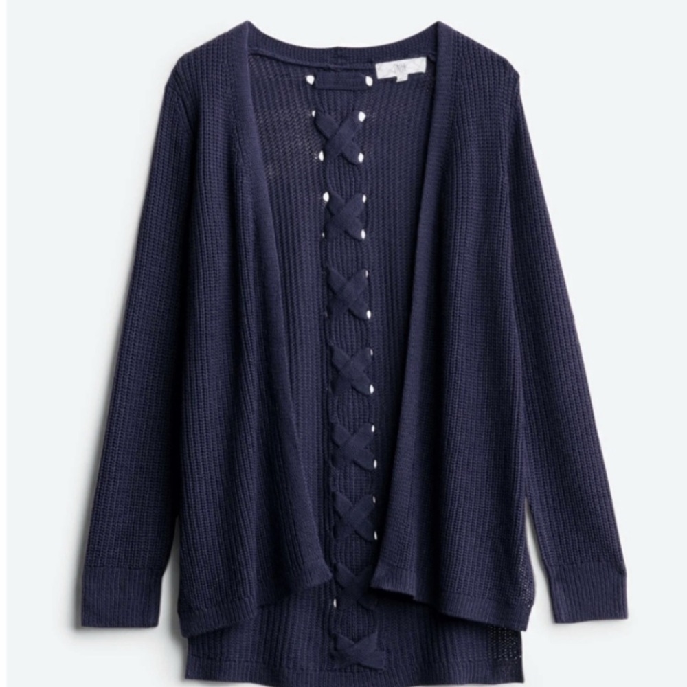 Navy Blue Cardigan Pinque Stitch Fix Jamelya Back Detail Sweater Open Front NWT